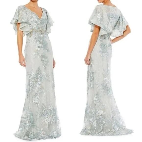 Mac Duggal 67842 Floral Maxi Evening Gown Bell Flutter Sleeve Seafoam Size 4 NWT - Picture 1 of 8